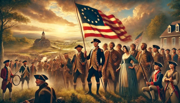 DALL·E 2024-11-03 07.43.45 - A detailed historical scene depicting freedom in 1776. A group of American revolutionaries, including men and women, stand with strong, determined exp