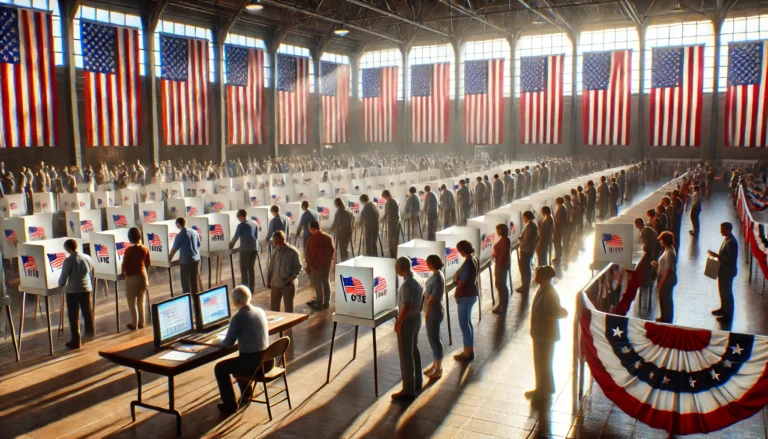 DALL·E 2024-11-03 15.07.11 - A detailed and immersive image of a bustling voting center, with rows of voting booths, a line of citizens waiting to vote, and poll workers assisting