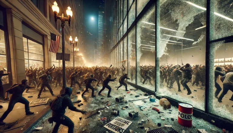 DALL·E 2024-11-03 15.31.16 - A high-detail, wide-angle landscape image of an intense protest scene in an urban setting, with angry protesters breaking windows of a storefront. The