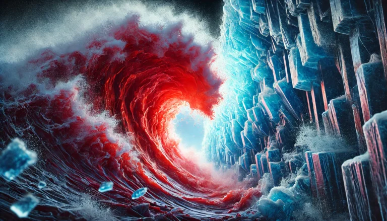 DALL·E 2024-11-05 20.52.27 - A fresh, dramatic image of a deep red wave forcefully breaking through a massive blue ice wall. The red wave is bold and dynamic, filled with energy,